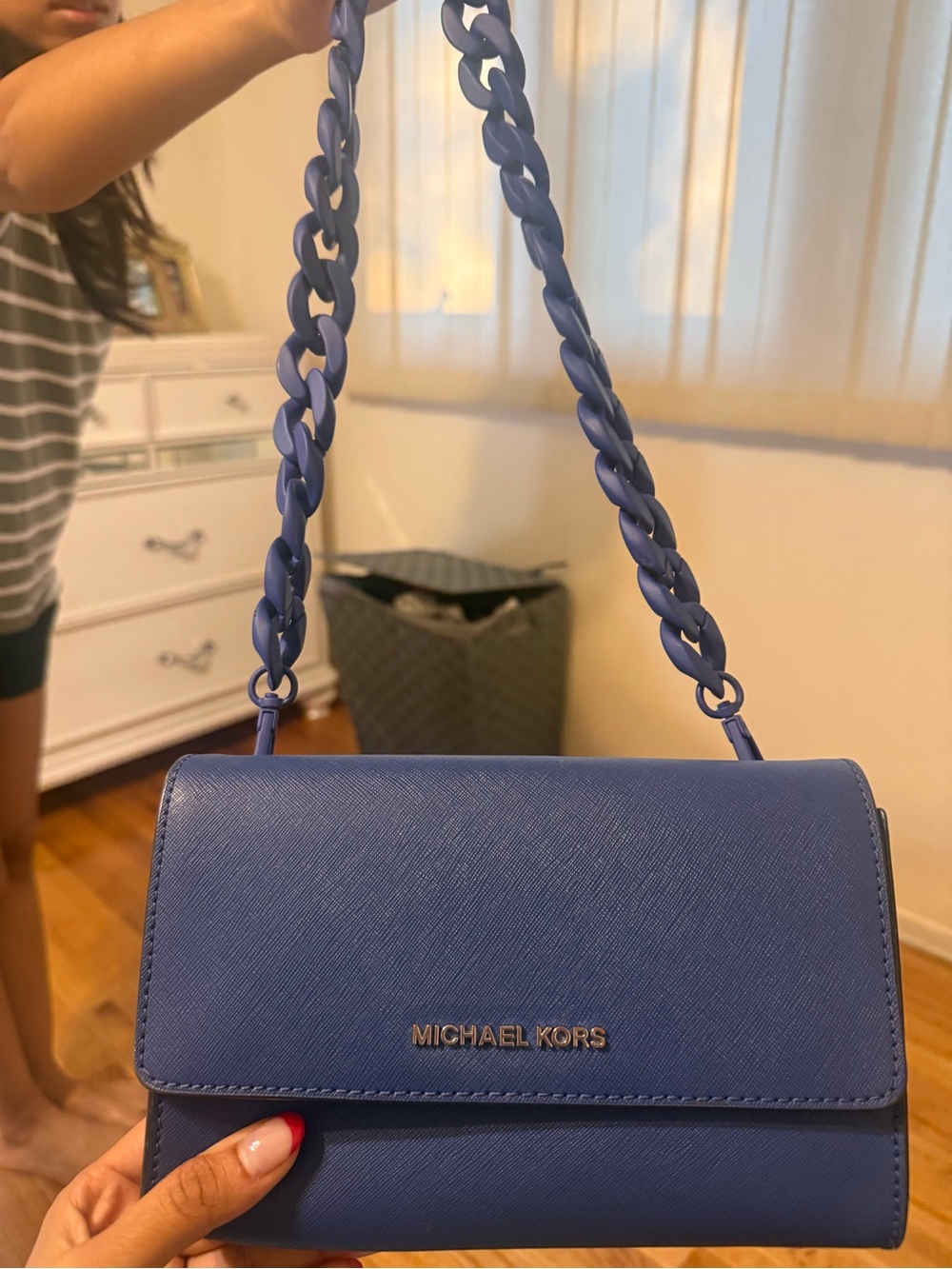 Michael Kors Blue Saffiano Leather Crossbody Bag with Chain Strap - Picture 2 of 5